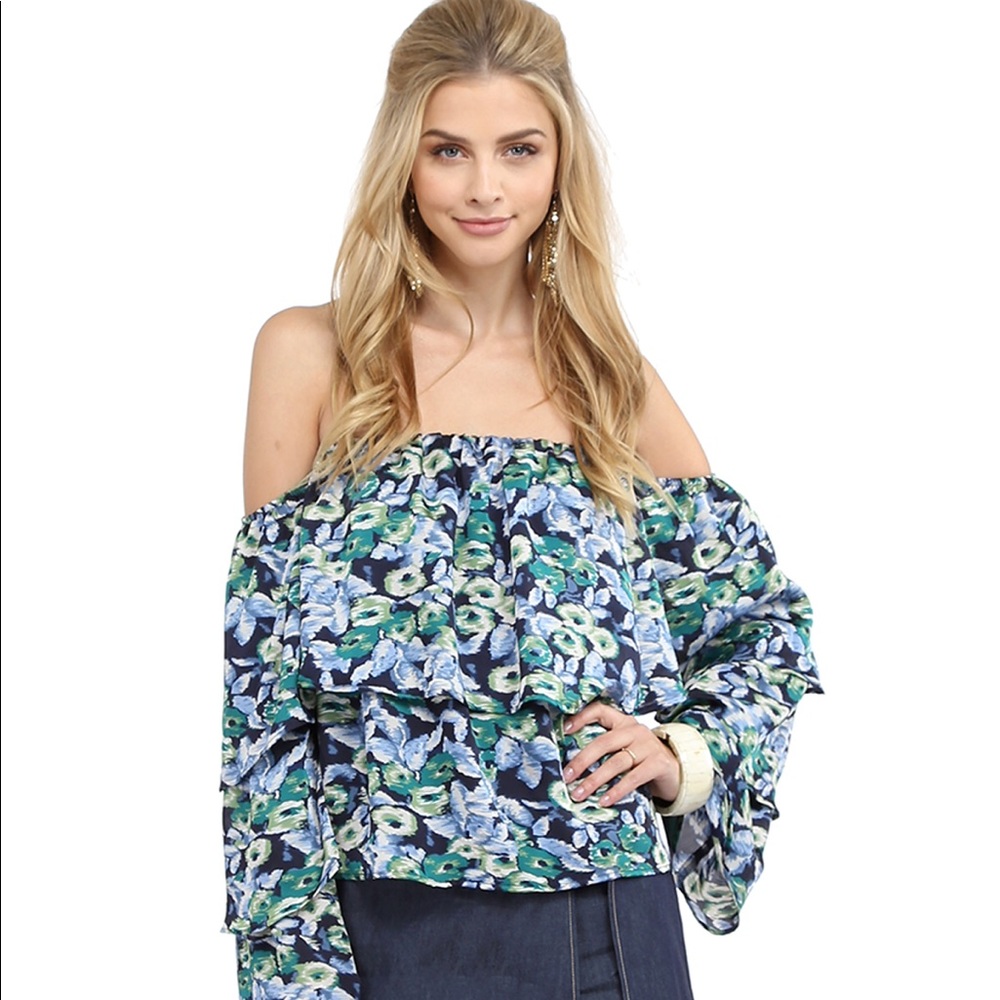 Floral Off the Shoulder Tiered Ruffle Sleeved Top
